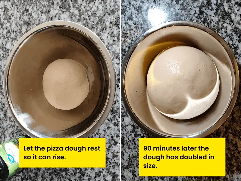 The pizza dough doubles in size in about 90 minutes.